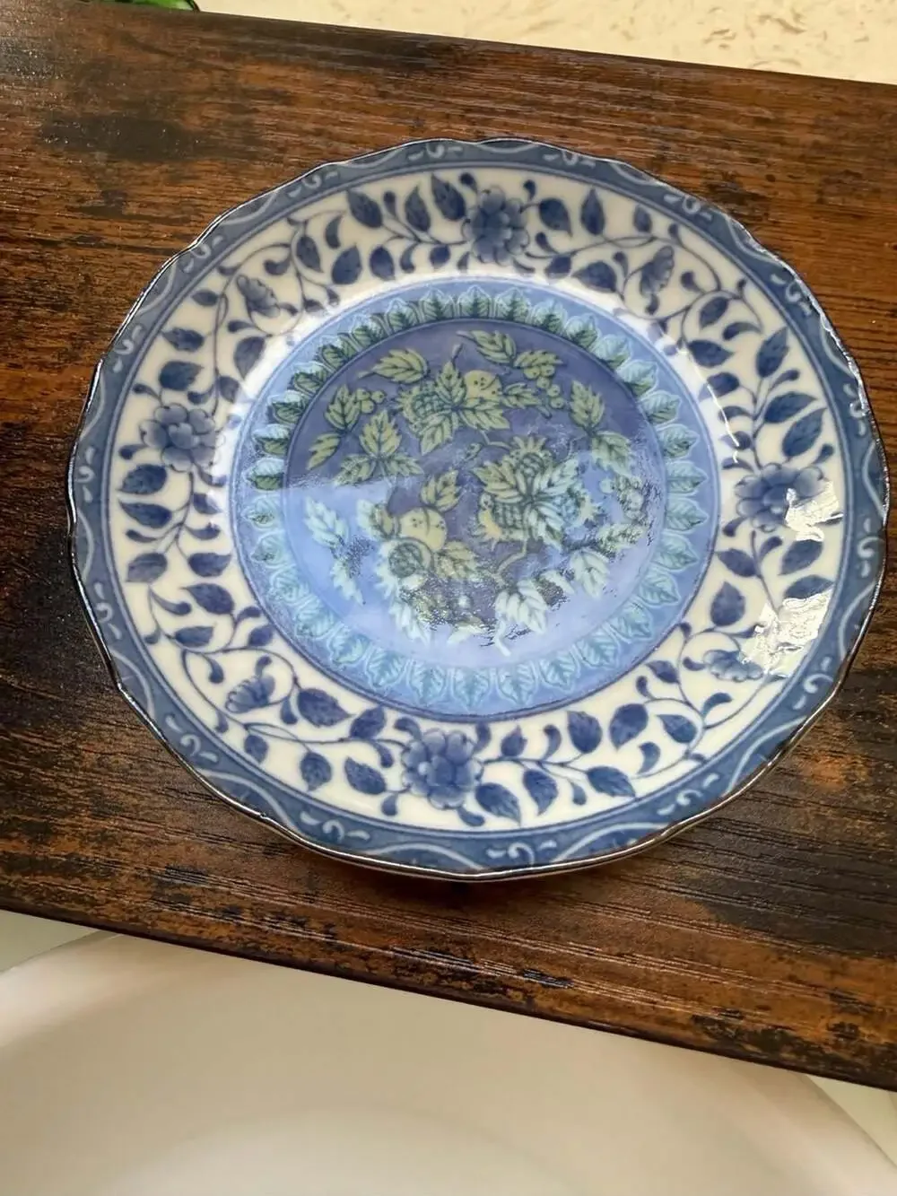 Vtg Japanese Blue and White Scalloped Porcelain Floral Plate Yellow Accents